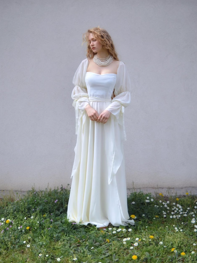Princess White A Line Long Sleeve Chiffon Long Prom Dress Evening Dress DP2803