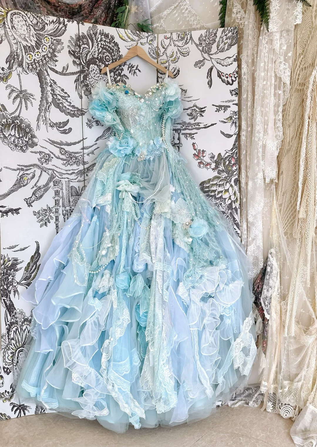 Unique Blue Ball Gown Off the Shoulder Floral Exquisite Beaded Tulle Prom Dress DP3820