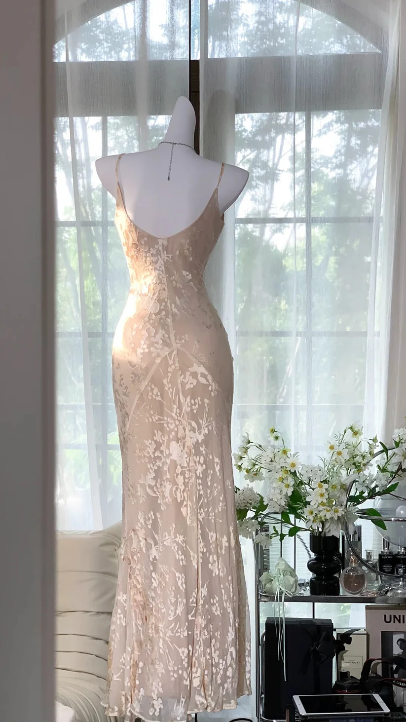 Simple Apricot Print Flower Mermaid Satin Prom Dress Date Dress Evening Dress DP2909