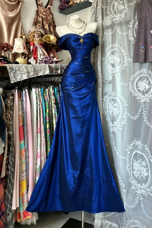 Vintage Royal Blue Mermaid Off the Shoulder Beaded Satin Prom Dress Evening Dress DP5253