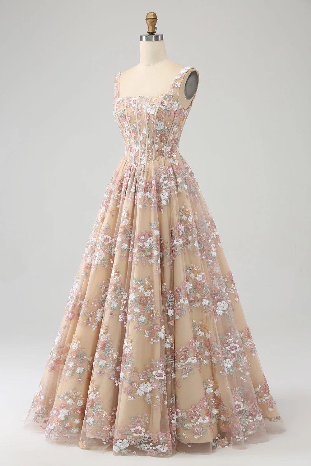 Luxurious A Line Square Neck Champagne Tulle Corset Prom Dress with Appliques DP1144