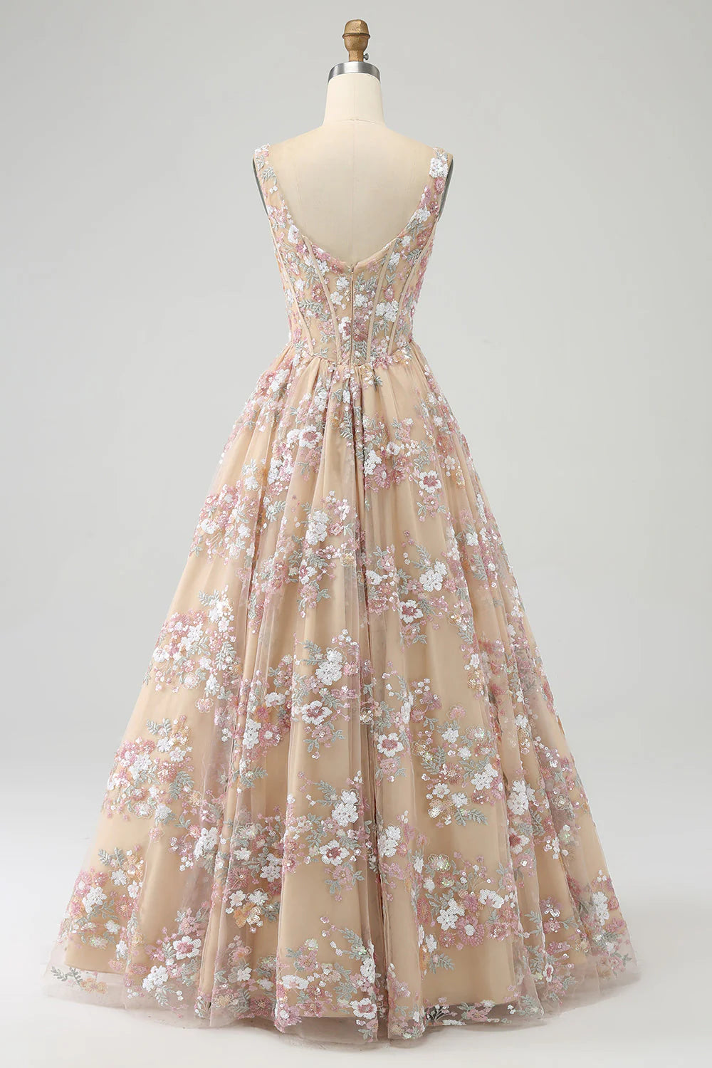 Luxurious A Line Square Neck Champagne Tulle Corset Prom Dress with Appliques DP1144