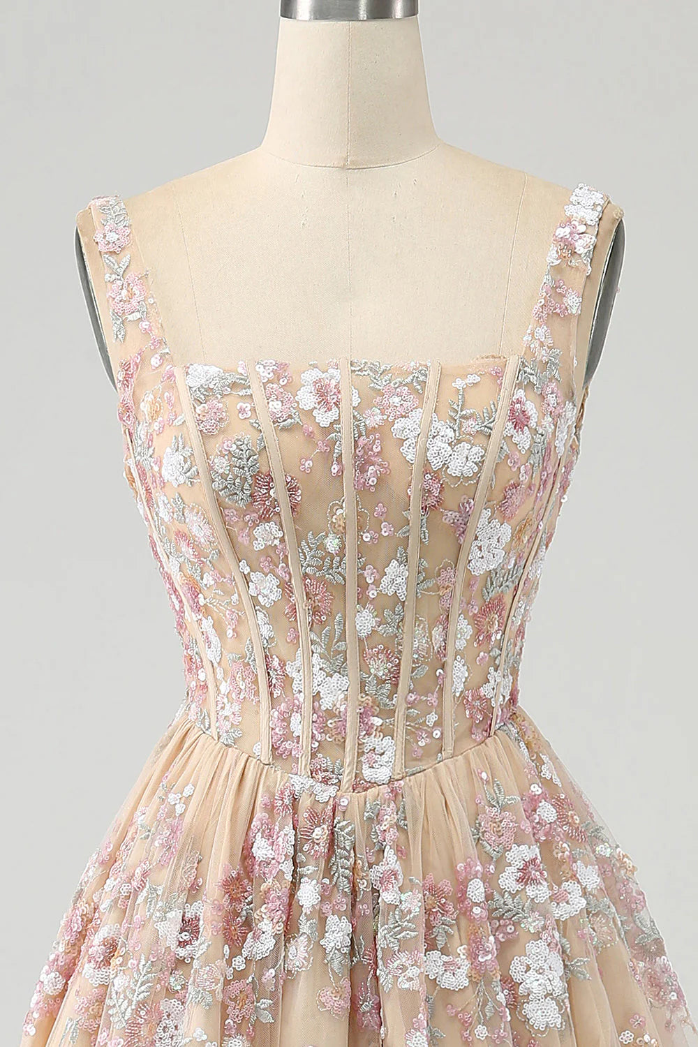 Luxurious A Line Square Neck Champagne Tulle Corset Prom Dress with Appliques DP1144