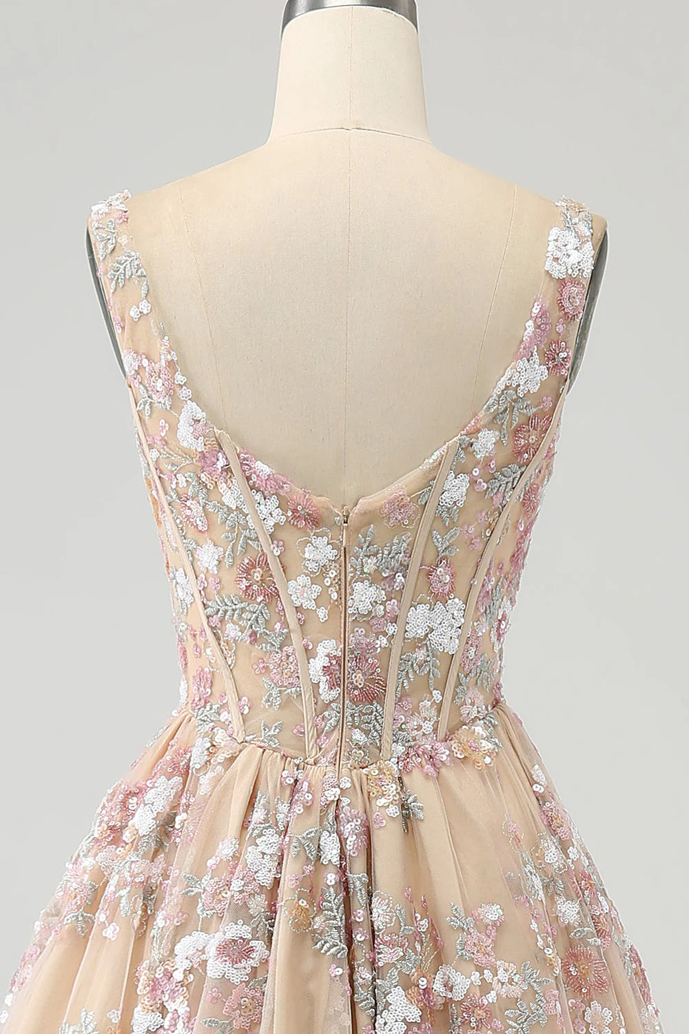 Luxurious A Line Square Neck Champagne Tulle Corset Prom Dress with Appliques DP1144