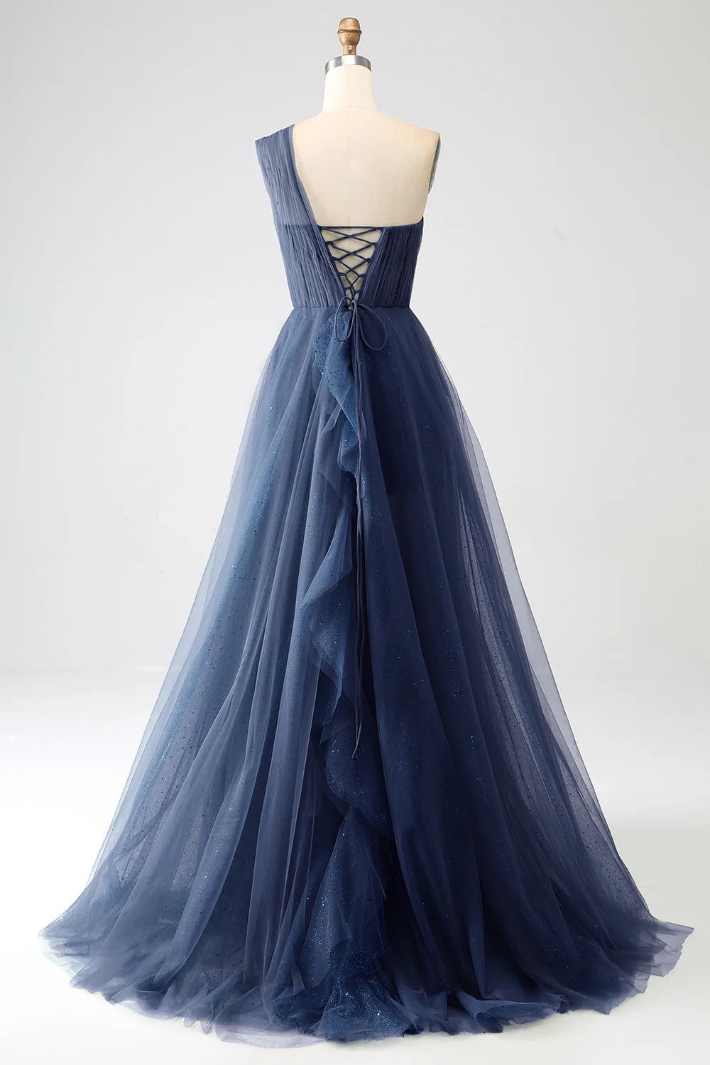 Navy Blue A Line One-Shoulder Tulle Long Prom Dress Evening Dress DP1345
