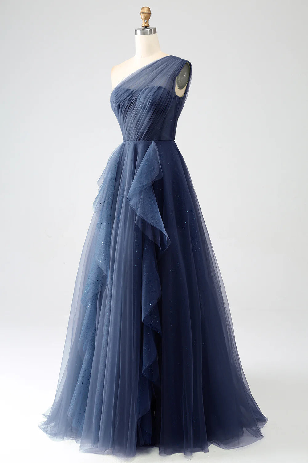 Navy Blue A Line One-Shoulder Tulle Long Prom Dress Evening Dress DP1345