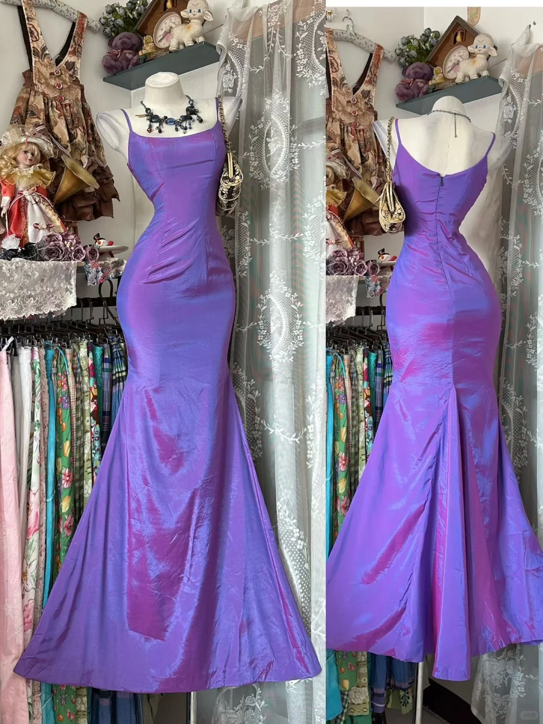 Vintage Charming Purple Mermaid Spaghetti Strap Satin Prom Dress Evening Dress DP5229
