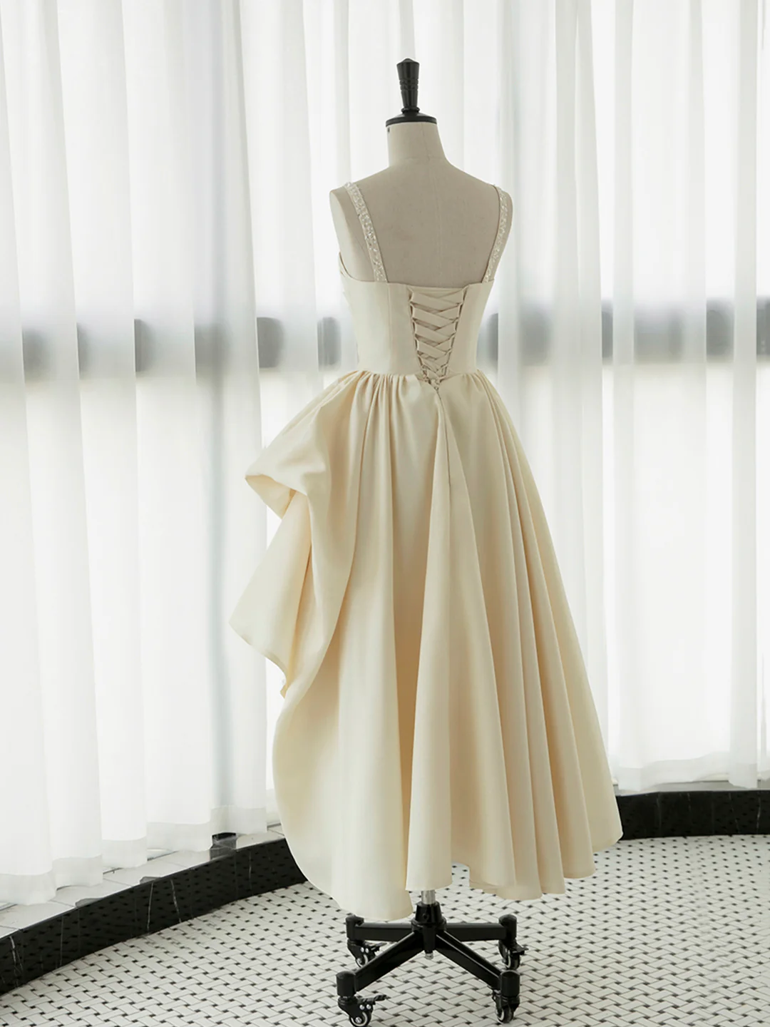 Irregular A Line Champagne Satin Tea Length Prom Dress Evening Party Dress DP1116