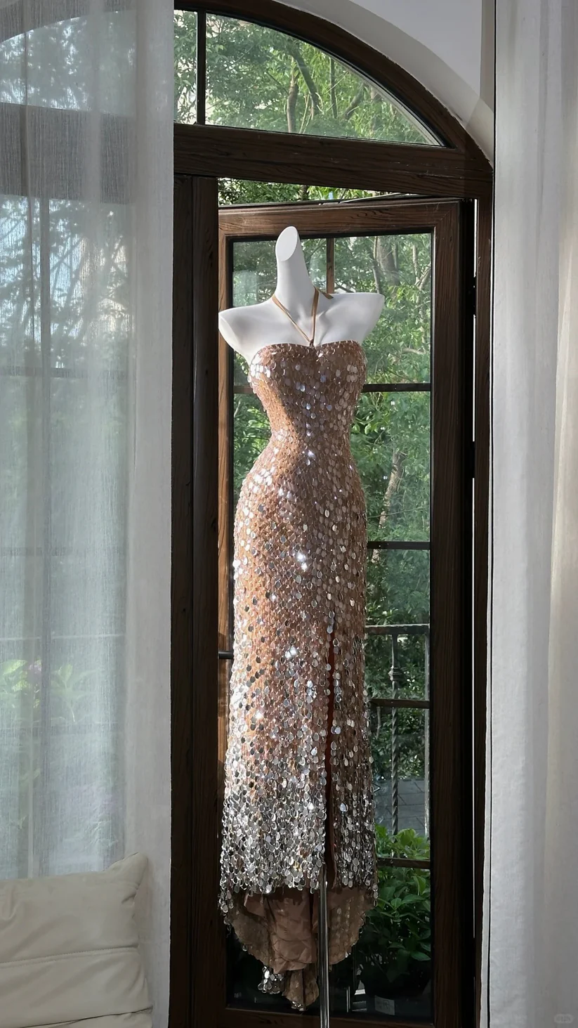 Champagne Shiny Sequin Mermaid Halter Prom Dress Date Dress with Slit DP2908