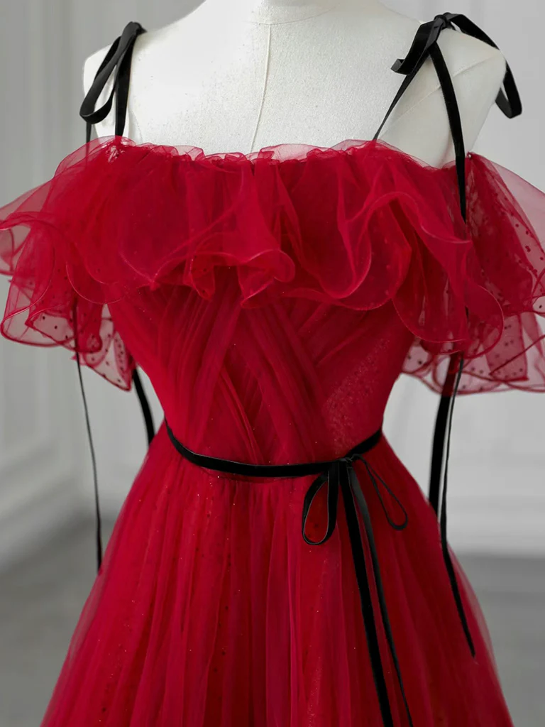 Pretty Off Shoulder Tulle Red Long Prom Dress DP414