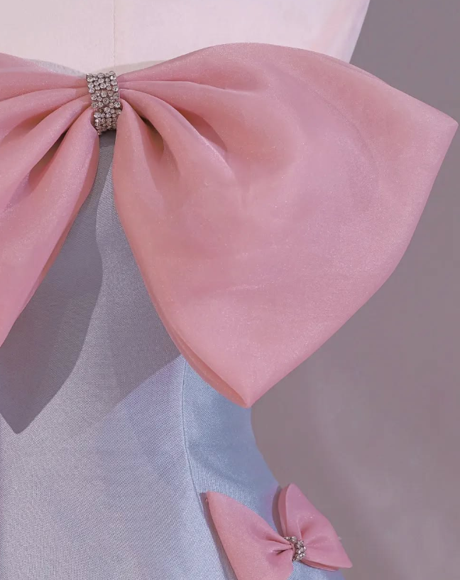 Cute A Line Strapless Pink Bow Blue Satin Long Prom Dress Evening Dress DP2001