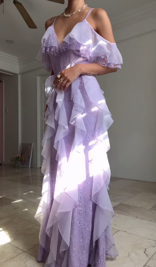 Romantic Mermaid Off the Shoulder Purple Lace Chiffon Graduation Prom Dress DP4874