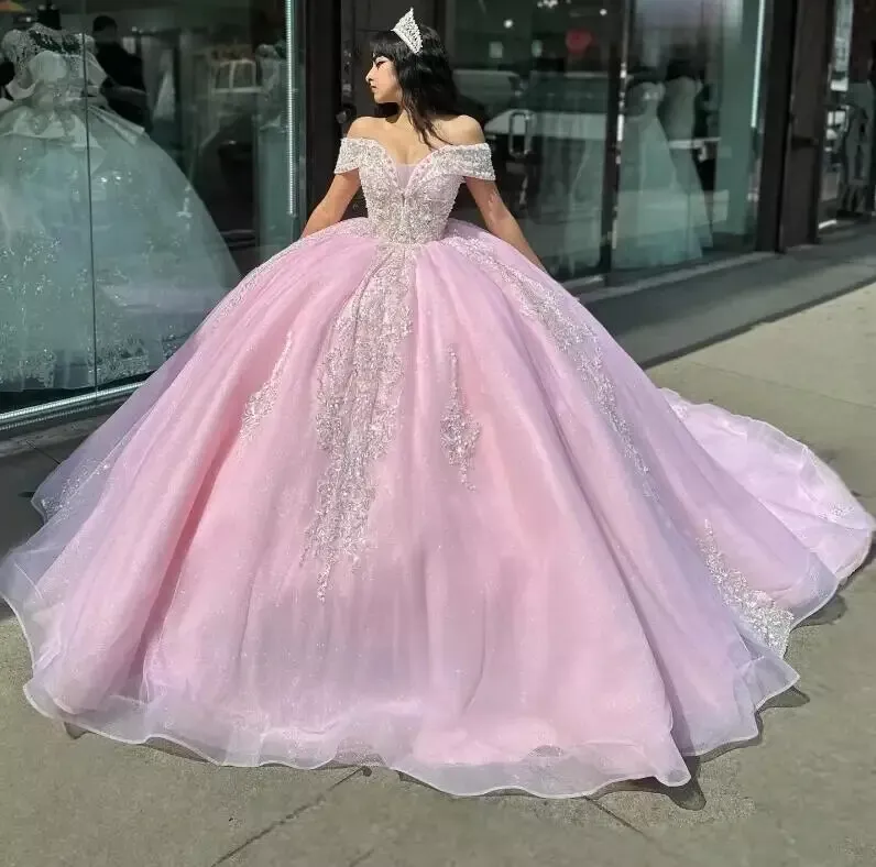 Sexy Pink Quinceanera Dress Off Shoulder Appliques Beaded Ball Gown Sweet 16 Princess DP684