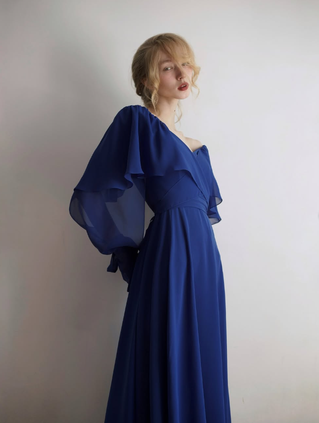 Flowy Royal Blue A Line Long Sleeve Chiffon Prom Dress Evening Dress Formal Dress DP3152