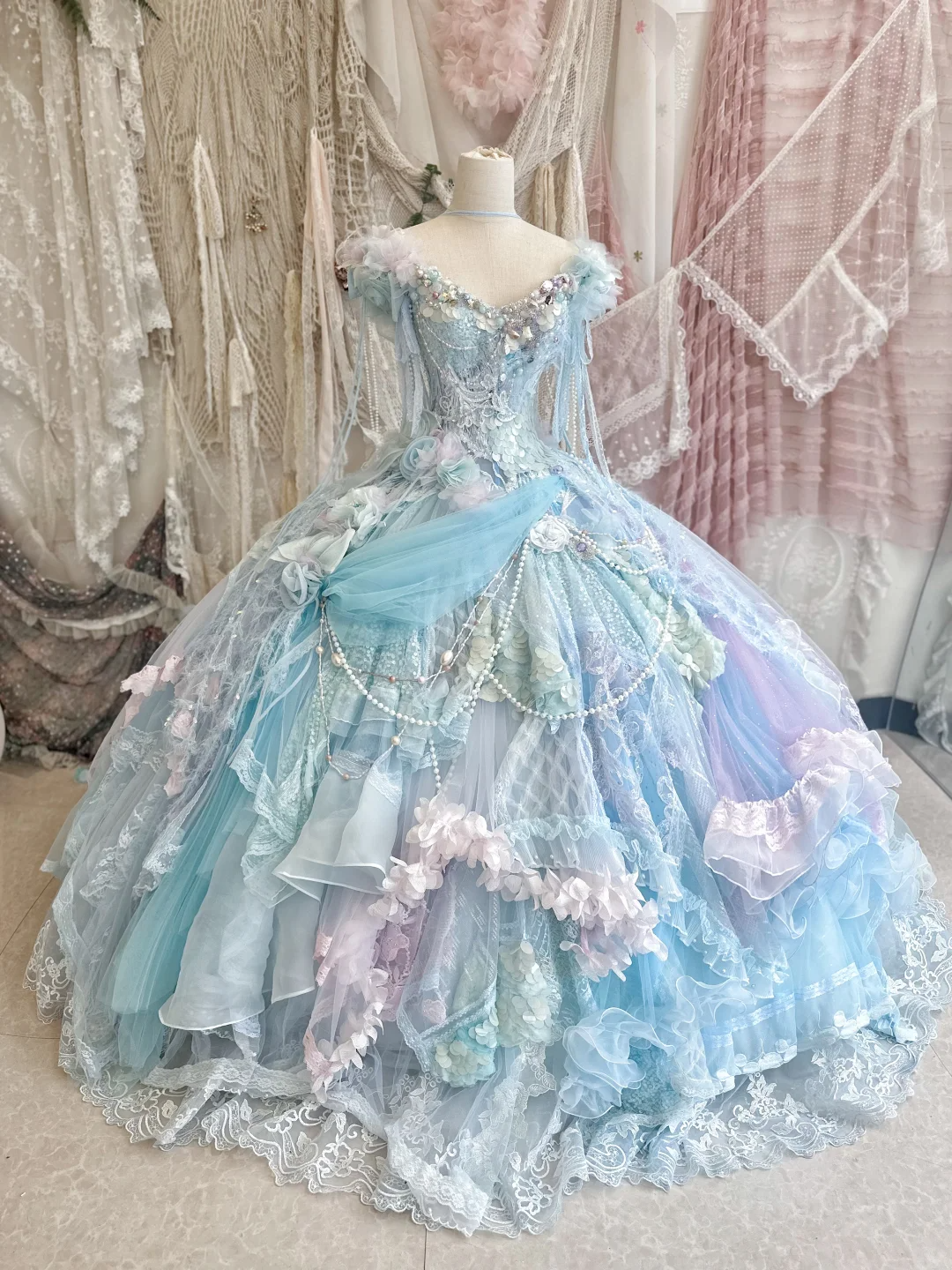 Blue Ball Gown V Neck Exquisite Beaded Layered Lace Tulle 16th Birthday Dress Prom Dress DP3812