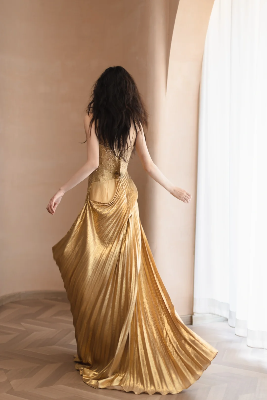 Golden A Line Spaghetti Strap Beaded Pleated Satin Long Prom Dress Formal Dress DP3331