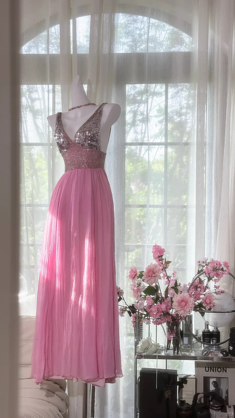 Shiny Pink Beaded Silver Sequin V Neck Chiffon Date Dress Evening Dress Wedding Guest Dress DP2912