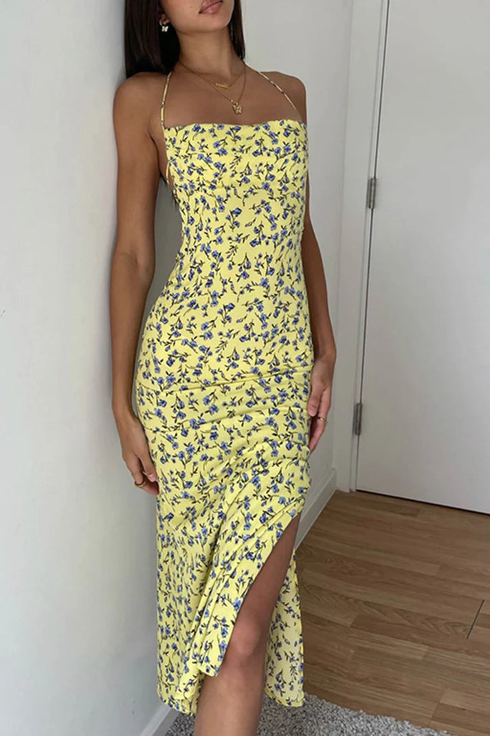 Mermaid Spaghetti Strap Floral Backless Chiffon Dresses With Slit DP917