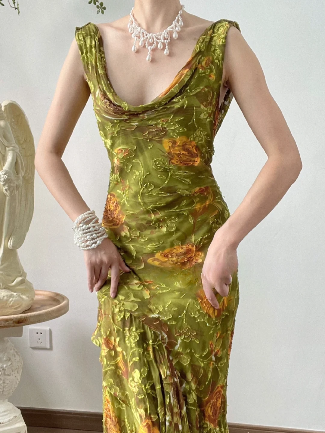 Green Exquisite Mermaid Retro Print Floral Chiffon Long Prom Dress Evening Dress DP3324
