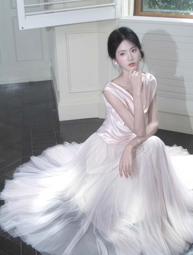 Gentle Light Pink Ball Gown Tulle Satin Prom Dress 16th Birthday Dress DP3569