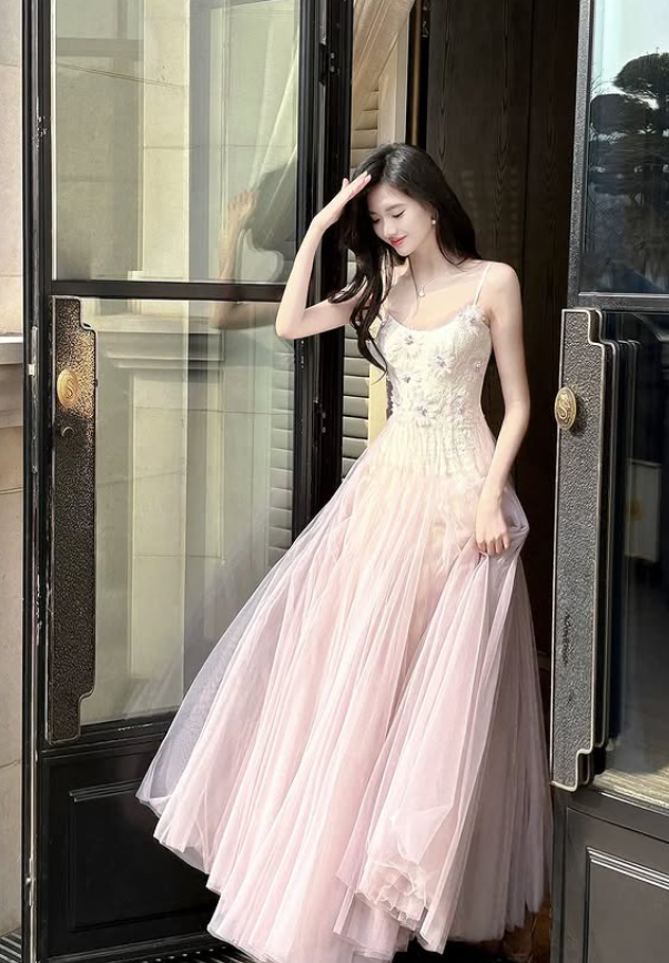 Princess Pink Ombre A Line Straps Floral Tulle Prom Dress Evening Dress DP5264