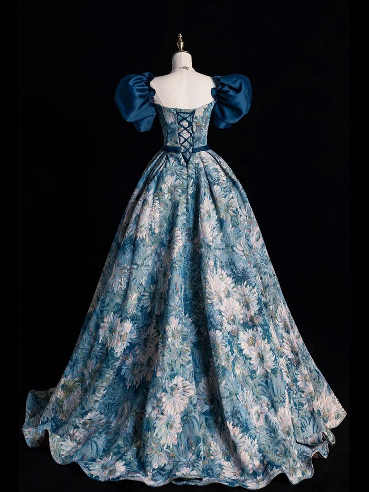 Blue Printed Long Prom Dress A Line Ball Gown Evening Dress DP121