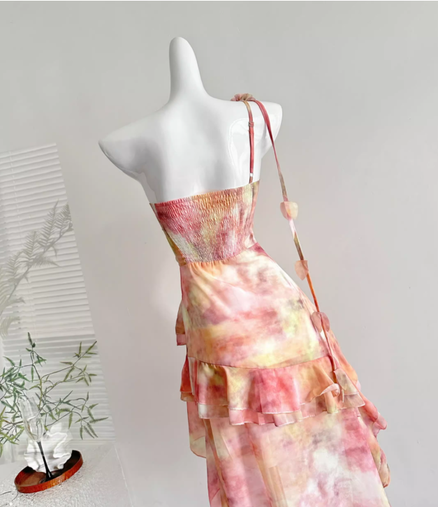 Multi-color Pink A Line One Shoulder Layered Chiffon Vacation Dress Homecoming Dress Outfits DP3543