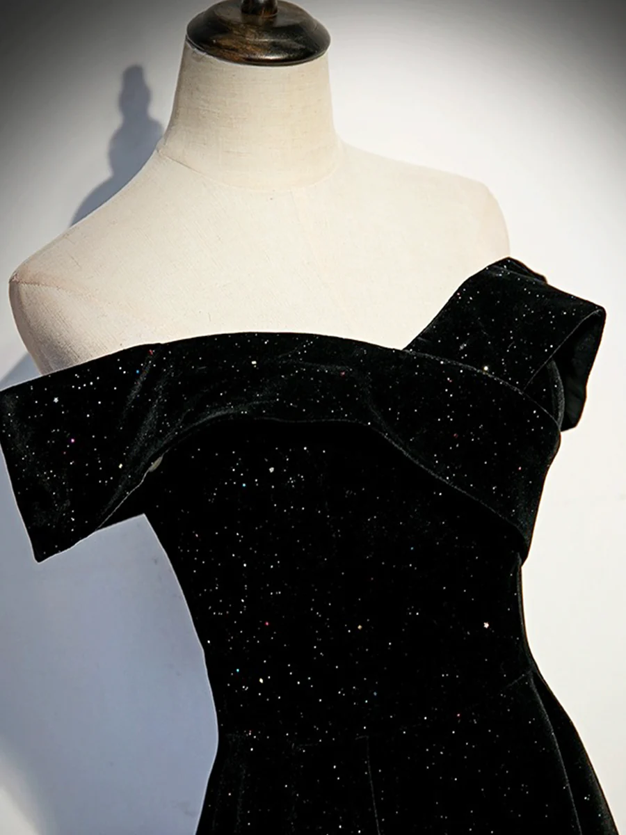 Black Velvet Long Prom Dress Off the Shoulder Evening Party Dress DP366