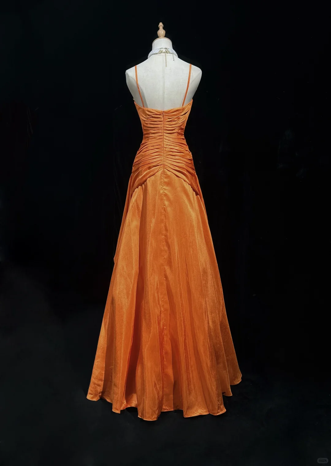 Vintage A Line Spaghetti Strap Beaded Pleated Bright Orange Satin Prom Dress Party Dress DP2765