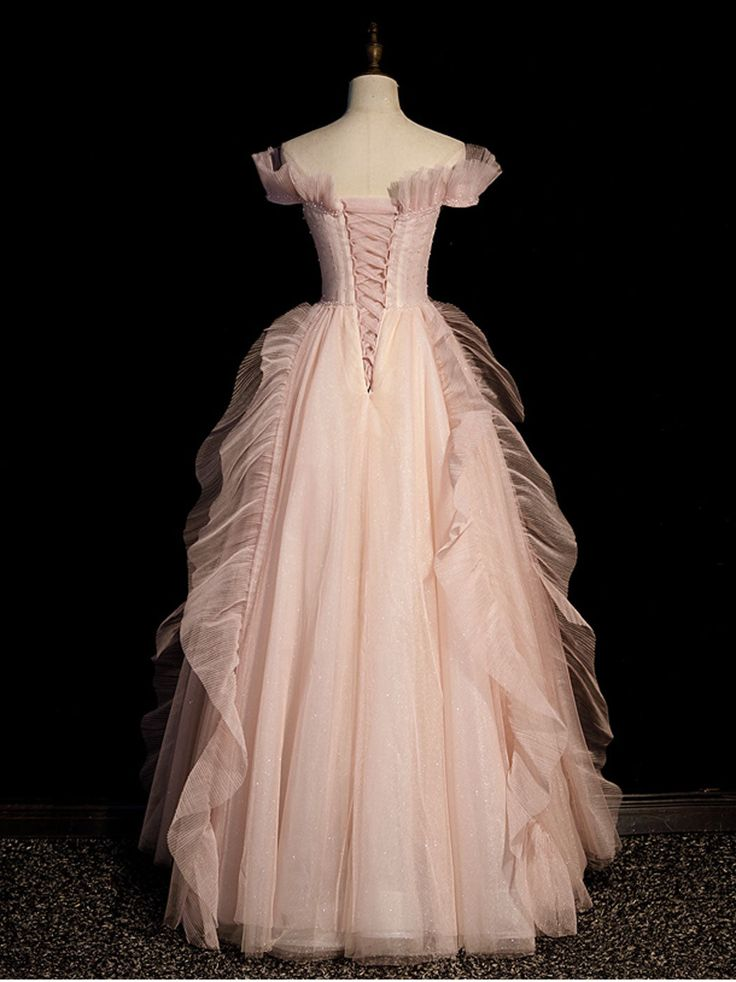 Pink V Neck Ruffles Tulle Beaded Prom Dress Off The Shoulder Evening Dress DP401