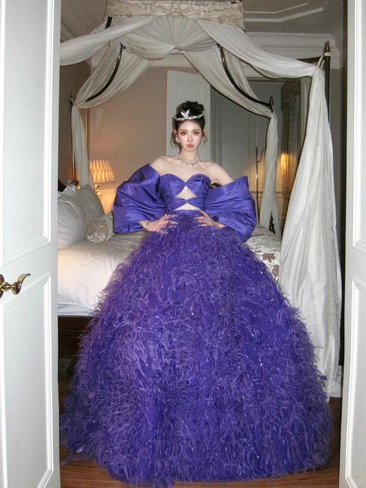 Charming A Line Sweetheart Neck Grape Purple Feather Satin Ball Gown Prom Dress DP2521