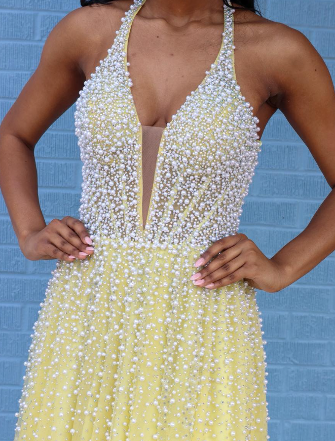 Princess Yellow A Line V Neck Peal Tulle Long Prom Dress Evening Dress DP6259