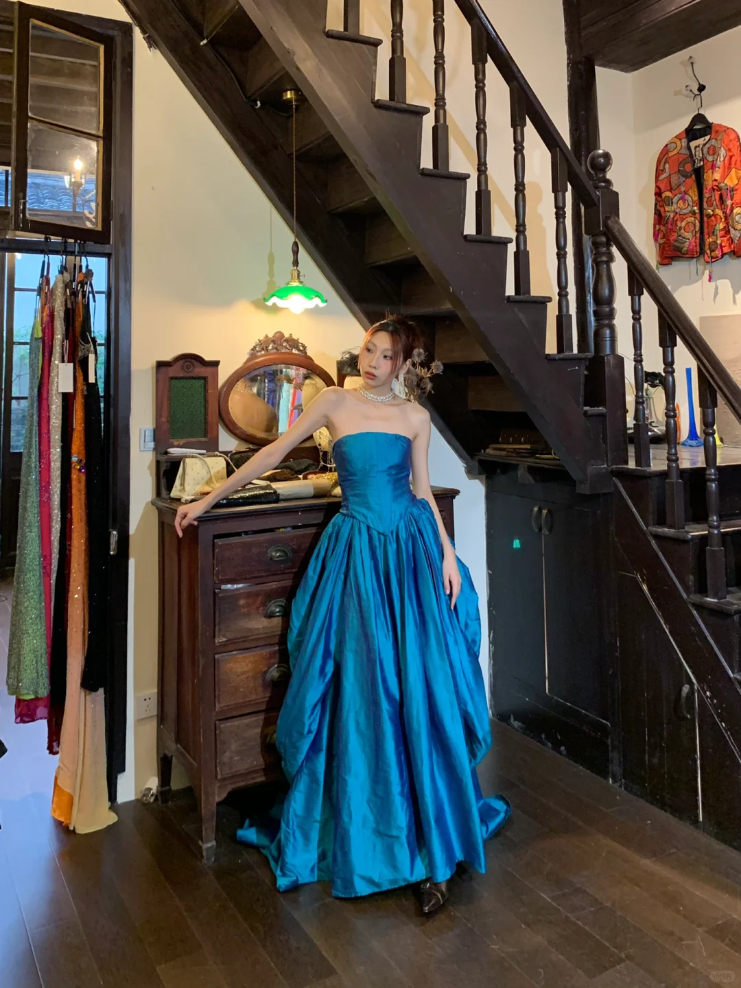 Vintage A Line Strapless Blue Satin Long Party Dress Evening Dress DP2438