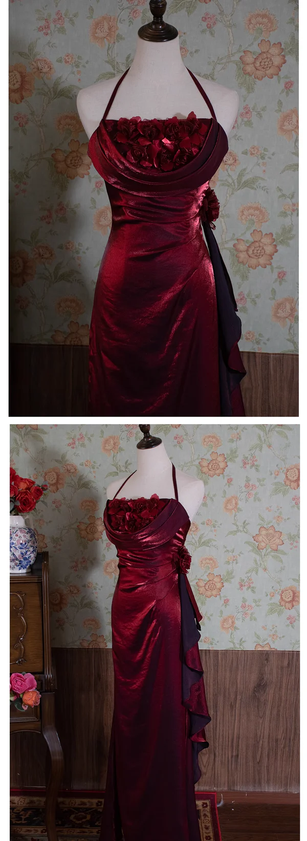 Burgundy Mermaid Halter Flowers Chiffon Long Prom Dress DP297