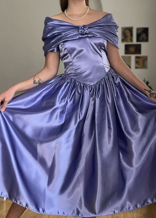 Vintage Purple A Line Off the Shoulder Satin Prom Dress Evening Dress Date Dress DP5704