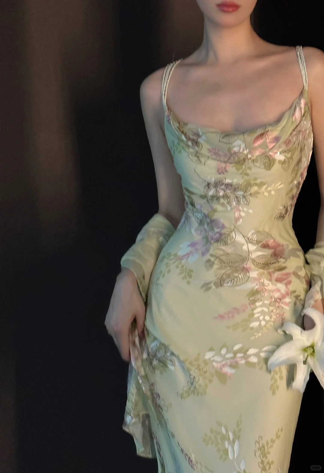 Retro Green Print Flower Mermaid Straps Chiffon Prom Dress Formal Dress Evening Dress DP3450