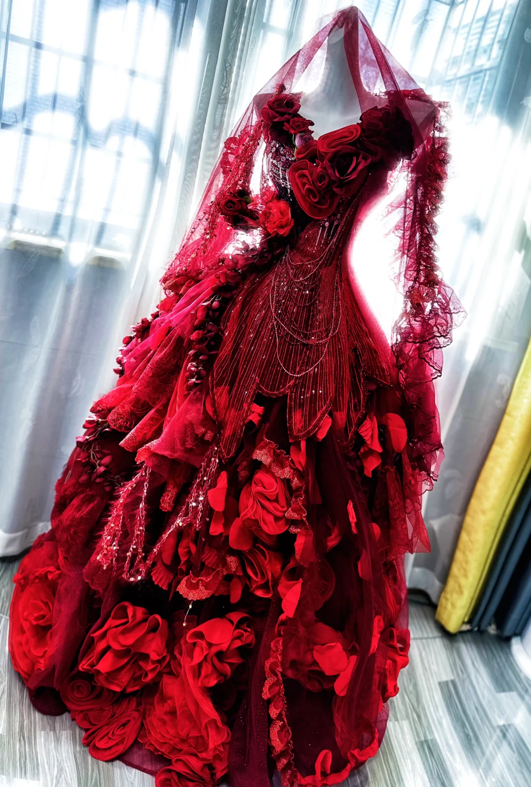 Exquisite Burgundy Ball Gown V Neck Floral Beaded Tulle Prom Dress 18th Birthday Dress DP4148