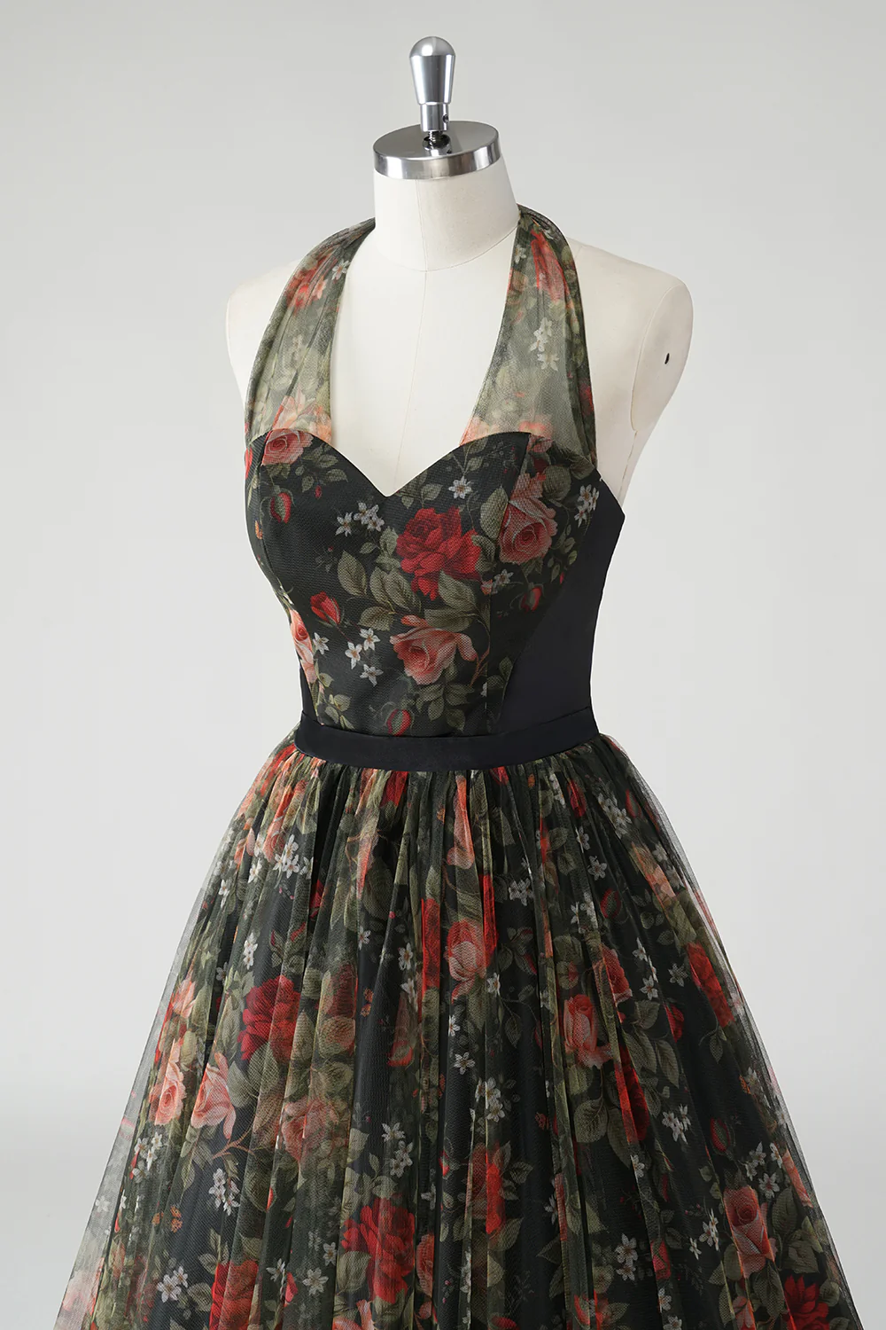 Vintage A Line Halter Print Floral Chiffon Long Prom Dress Evening Dress DP1480