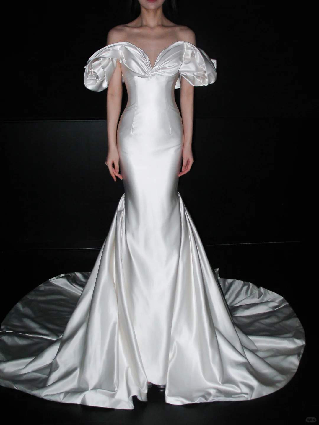 White Mermaid Off the Shoulder Satin Long Train Wedding Dress DP8108