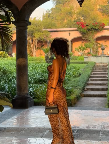 Sexy Sheath Spaghetti Straps Leopard Chiffon Open Back Long Evening Dress DP1422