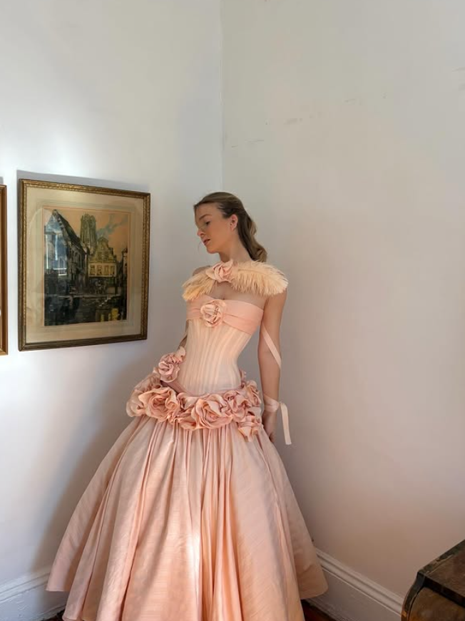 Light Pink Princess A Line Strapless 3D Flower Satin Long Prom Dress Evening Dress DP6794