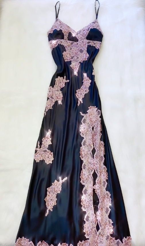 Sexy Sheath Spaghetti Straps Lace Satin Prom Dress Evening Dress with Slit DP1546