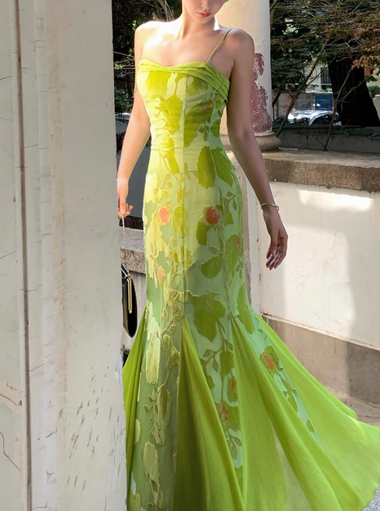 Stunning Green Mermaid Spaghetti Strap Print Floral Satin Chiffon Prom Dress Outfits DP3581