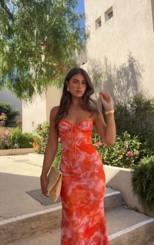 Vitality Orange Print Floral Chiffon Long Prom Dress Date Dress Cocktail Dress DP2995