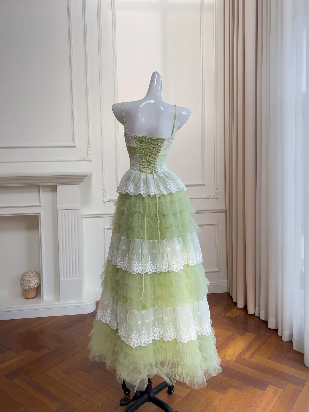New A Line Spaghetti Strap Layered White Lace Green Tulle Party Dress Evening Dress DP2441