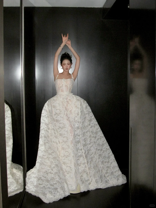 Elegant A Line Spaghetti Strap White Lace Long Party Dress Wedding Dress DP2424