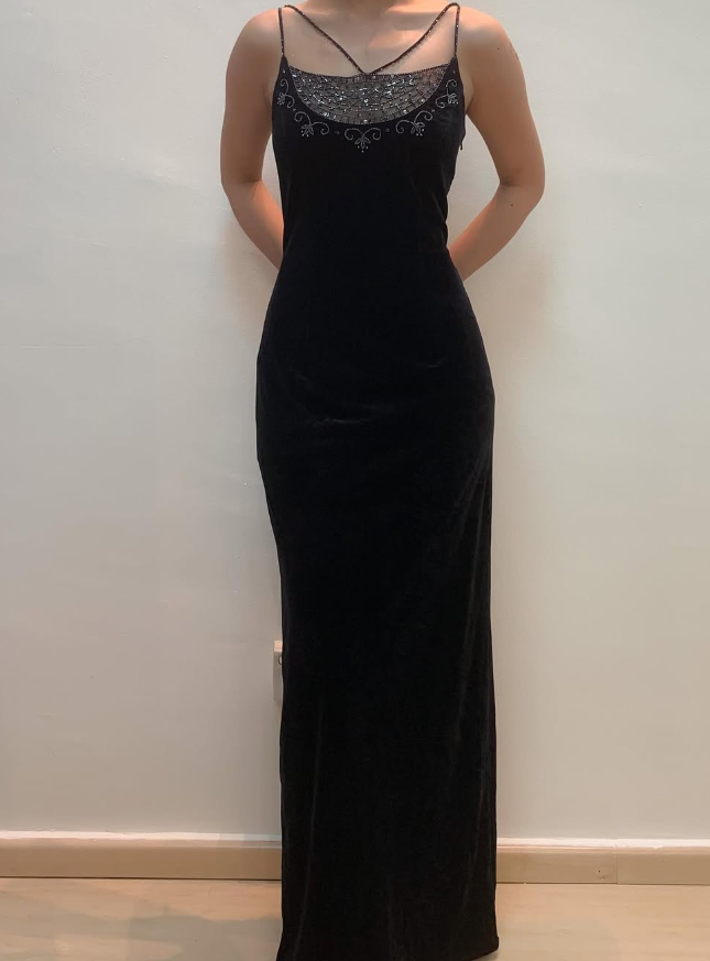 Vintage Sheath Spaghetti Strap Beaded Black Velvet Prom Dress Evening Dress DP1617