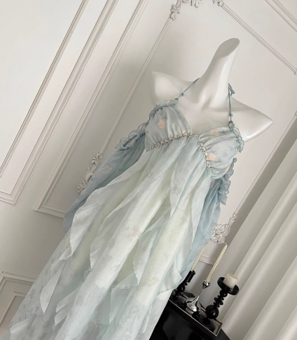 Flowy Blue A Line Halter Ruffle Chiffon Vacation Dress Homecoming Dress Outfits DP3546