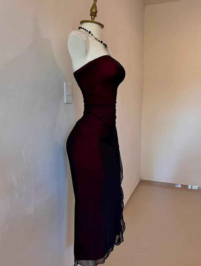 A Line Strapless Black Tulle Burgundy Satin Homecoming Dress Cocktail Dress with Slit DP2891