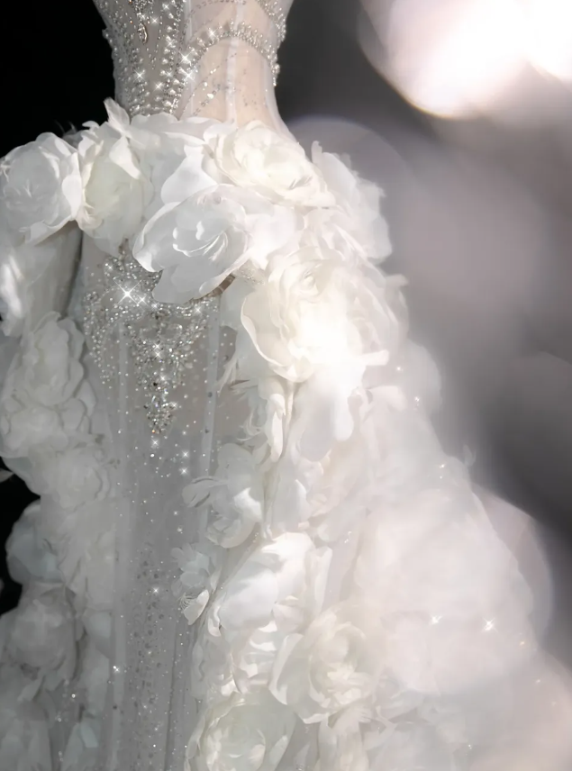 3D Flower White A Line Sweetheart Neck Rhinestone Tulle Long Prom Dress DP2754